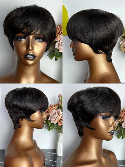 Crown & Glory Wigs Sale Short Pixie Cut Remy Human Hair Wigs Straight Natural Color Full Machine Made Bob Wig With Bangs