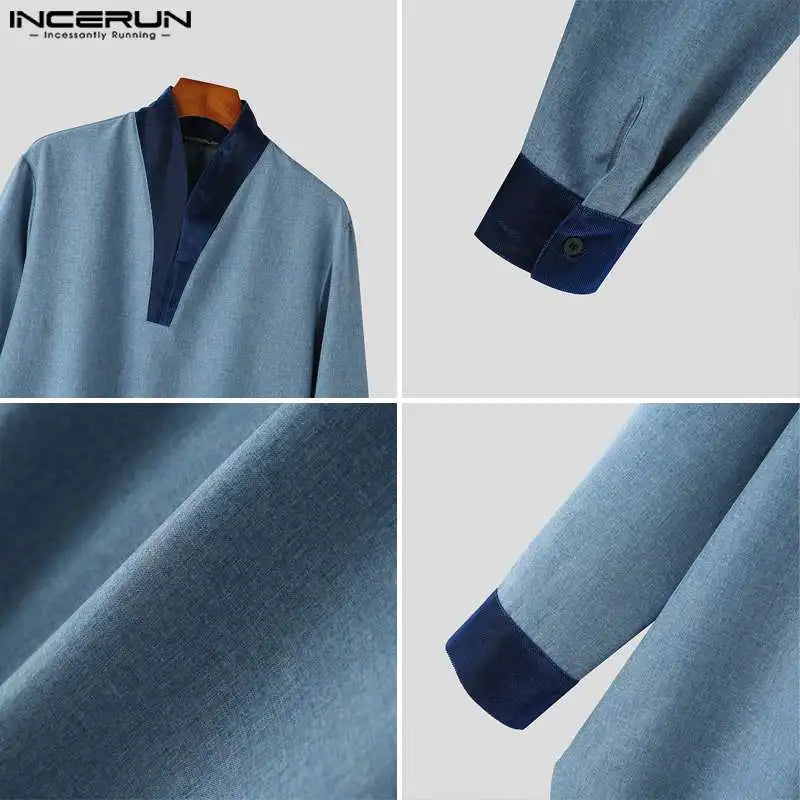 Muslim family   INCERUN Tops 2024 Muslim Style Hot Sale Mens Shirts Muslim Dual Color Patchwork Design Standing Collar Long Sleeved Blouse S-5XL