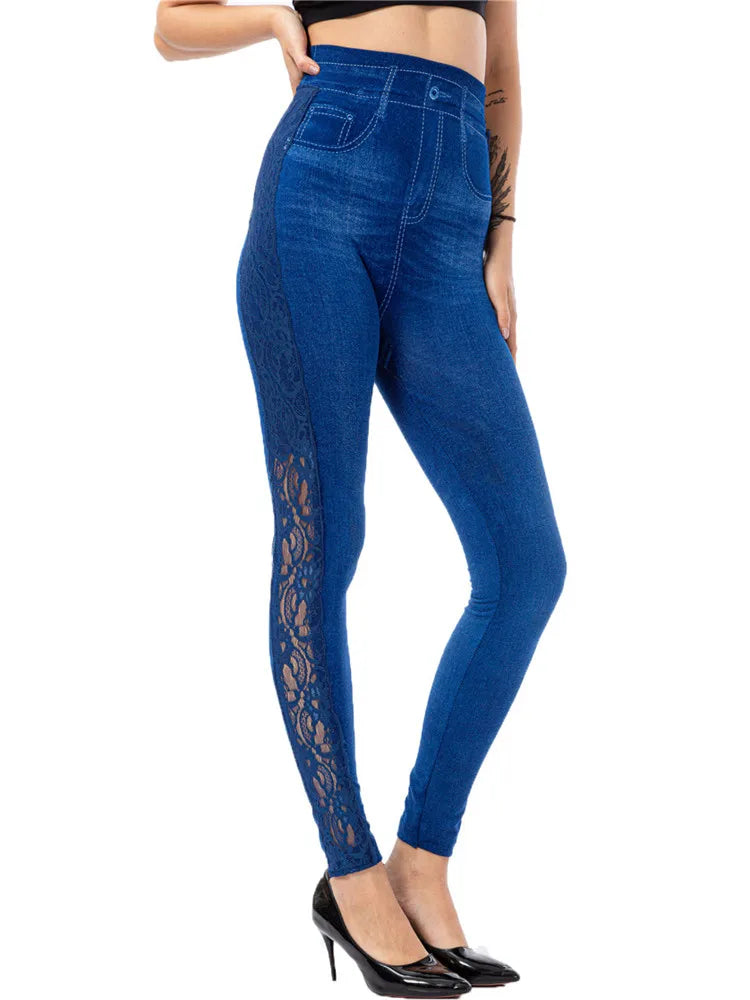 Woman clothing   INDJXND High Waist Lace Leggings Women Ladies Floral Side Hollow Out Patchwork Workout Pants Push Up Elasticity Faux Denim Jean