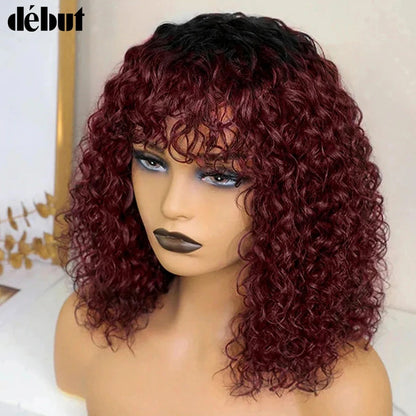 Crown & Glory Wigs  Debut Highlight Curly With Bangs Human Hair Wigs Kinky Curly Wigs For Black Women Brazilian Remy Human Hair Wigs Cheap Jerry Curl