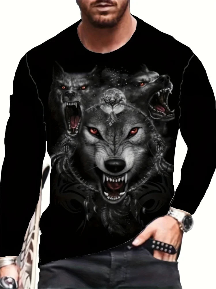 Men clothing Street Fashion Men's Long Sleeve T-shirt  Wolf Print