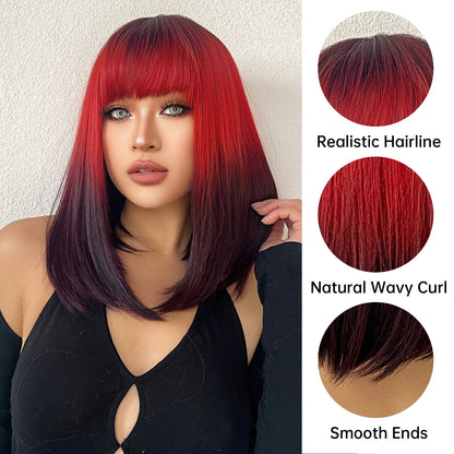 Crown & Glory Wigs  Black to Red Omber Straight Synthetic Wigs with Bangs Medium Synthetic Wigs for Women Use Cosplay Heat Resistant Natural Hair