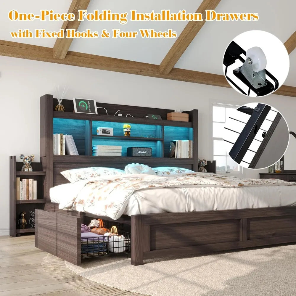 Living Room Queen Bed Frame with 49.6" Bookcase Headboard & 2 Bedside Stoage Racks & Drawers,Wood Bed Frame with RGB LED & Charging Station