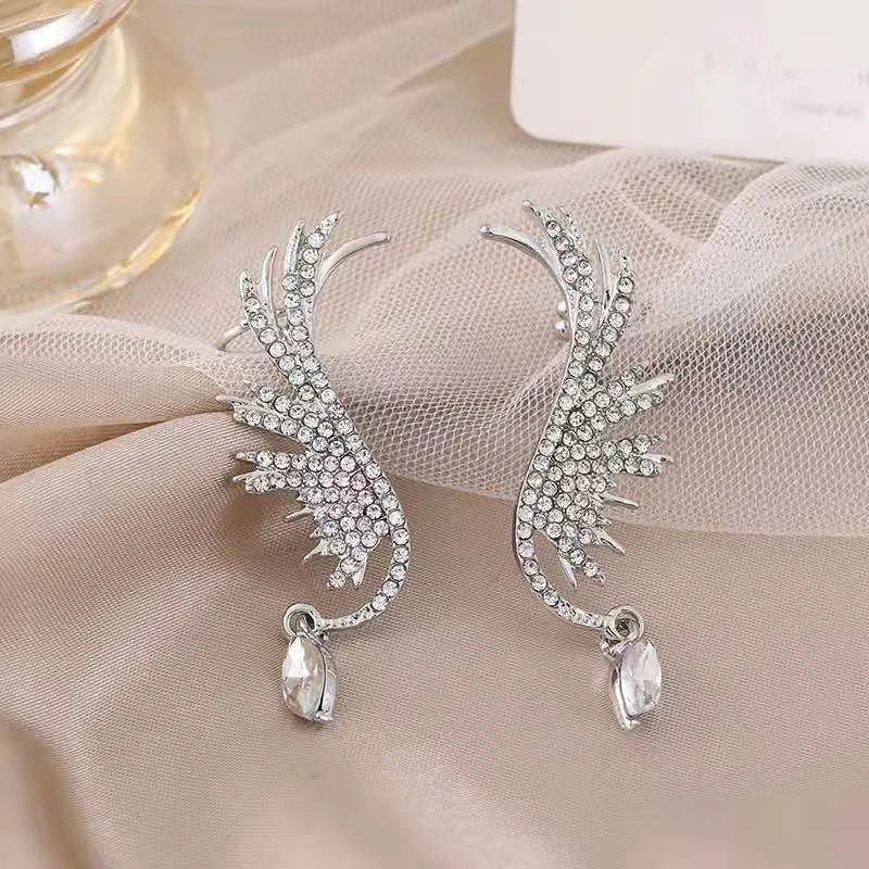 Jewellery  New Crystal Angel Wings Women's Clip Earrings Need Pierced Water Drop Pendants Luxury Wedding Ear Jewelry Cool Ear Cuff