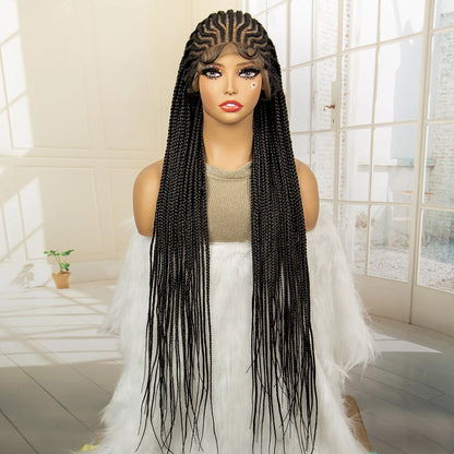 Crown & Glory Wigs  34 Inches Handmade Synthetic Braiding Wig HD Full Lace Cornrow Braided Wigs Back Knotless Box Braids Wig for Black Women