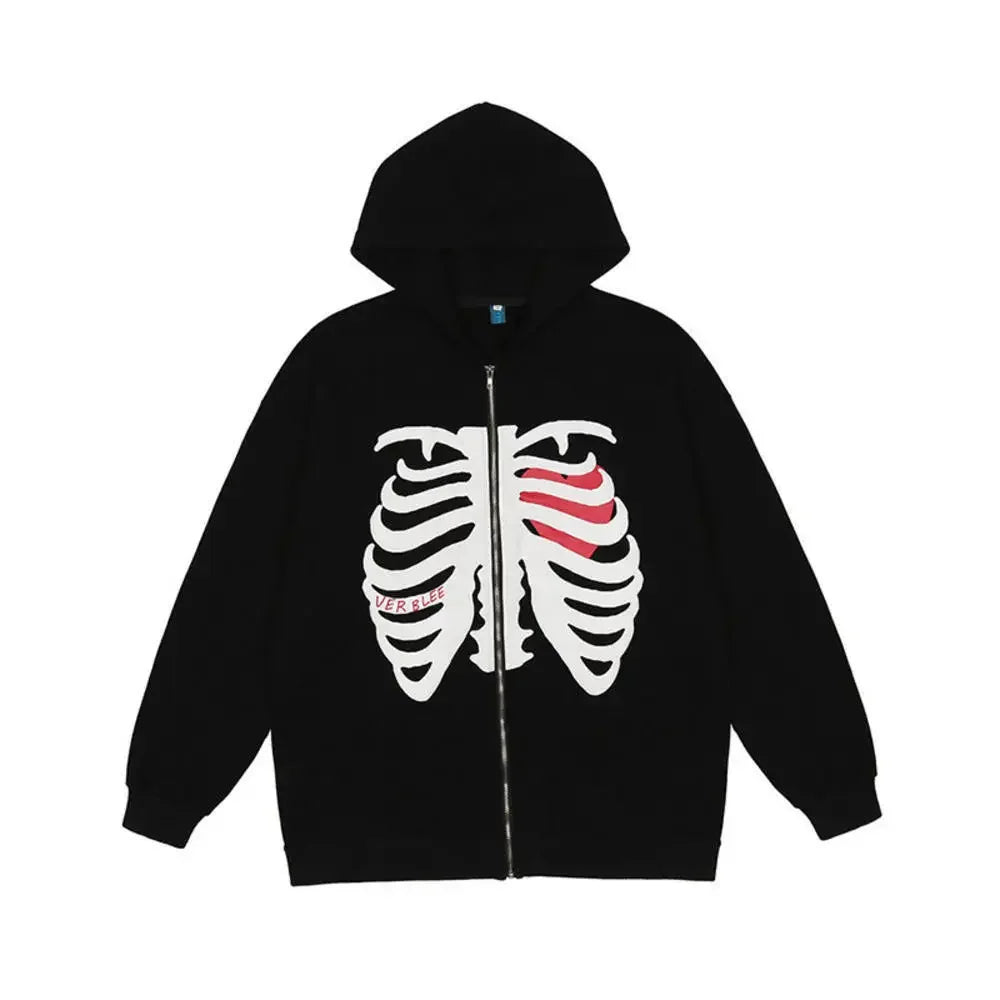 woman clothing   Fashion Y2K Skeleton Hoodies Women Gothic Black Zip Up Oversized Sweatshirt Ladies Retro Harajuku Hooded Jacket Streetwear