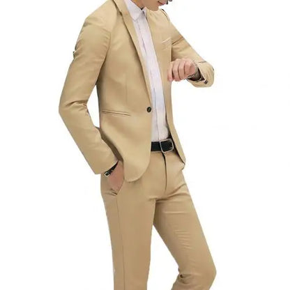 Men clothing   2Pcs Office Business Men Solid Colour Lapel Long Sleeve Slim Blazer Pants Suit