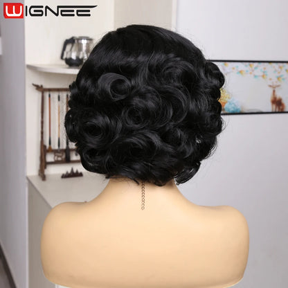 Crown & Glory Wigs   WIGNEE Pixie Short Wigs Synthetic Hair Body Wave Wig Side Part Lace Wig Natural Hair Wigs For Women Black Wig Heat Resistant