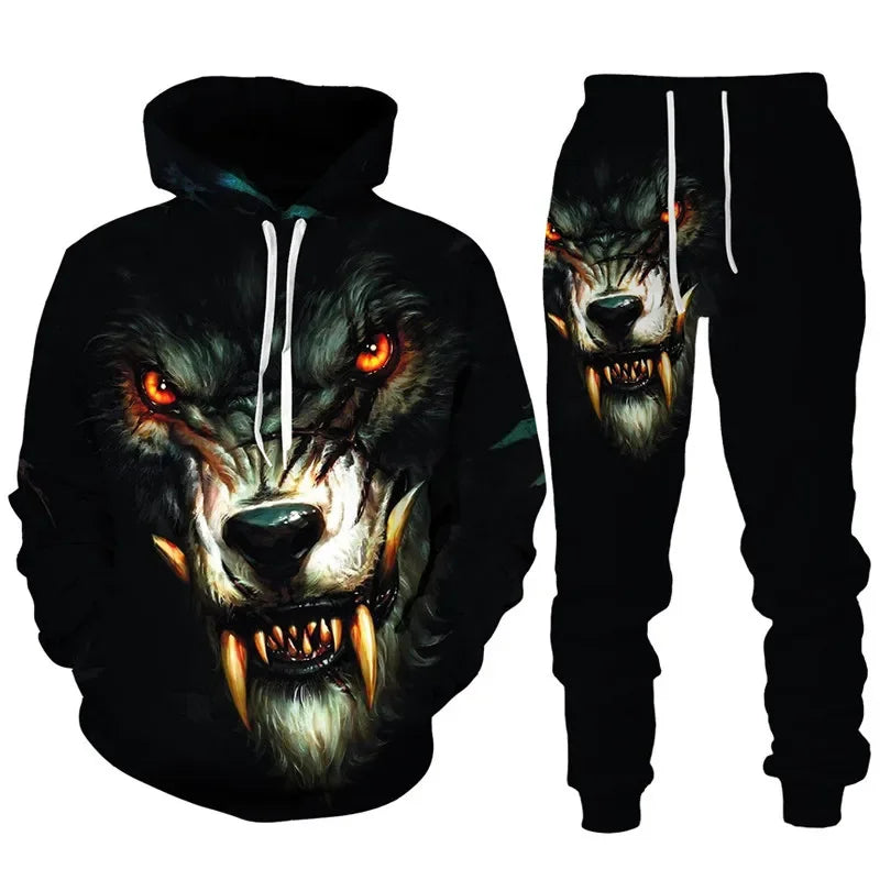 Men clothing  3D Print Hoodies Suit Man Dazzle Wolf Hip Hop Streetwear Hoodie And Pants 2pcs Sets