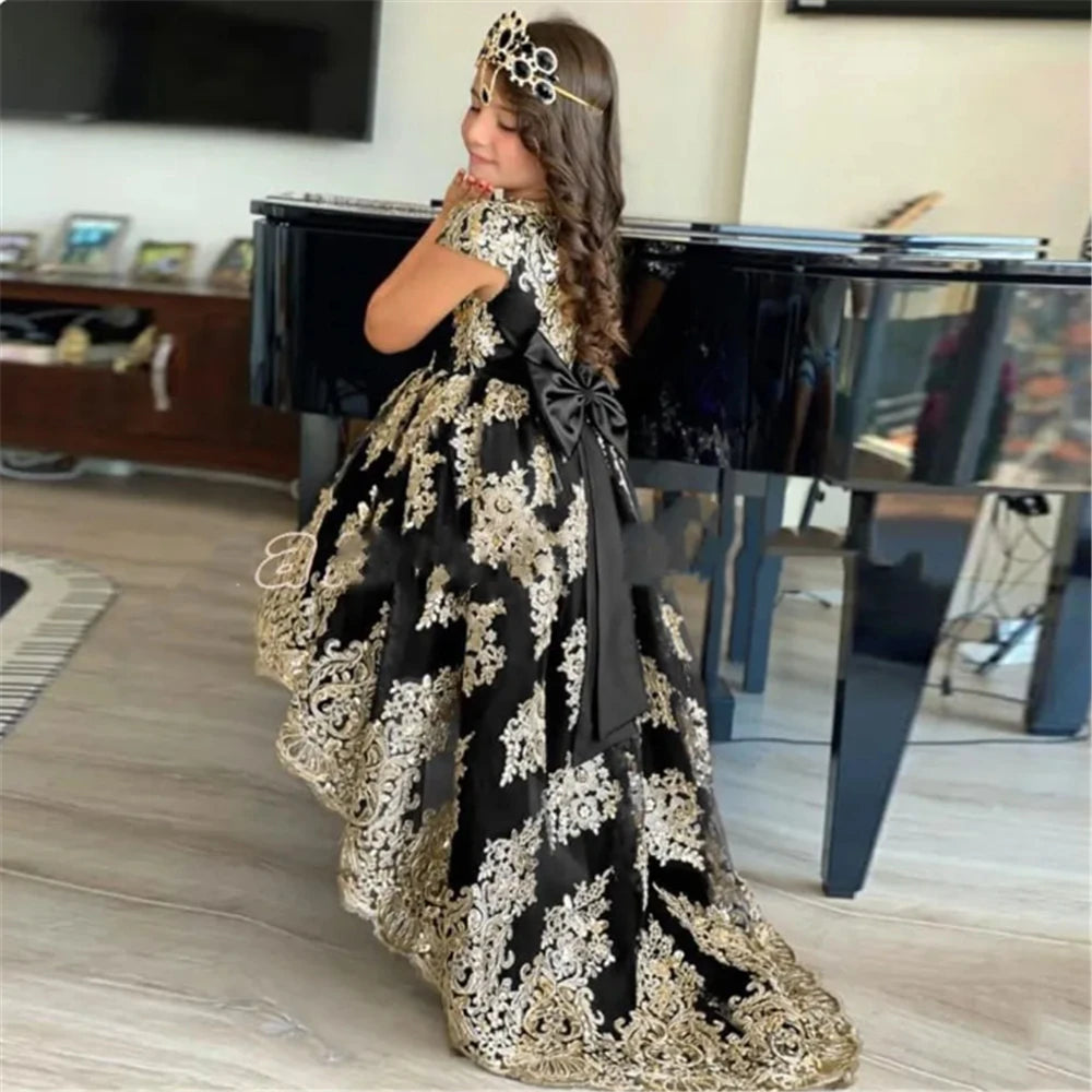 Girl clothing   Black Flower Girl Dress For Wedding Gold Lace Appliques High-Low Length Girl Kids Birthday Party First Holy Communion Gown