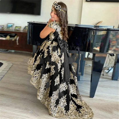 Girl clothing   Black Flower Girl Dress For Wedding Gold Lace Appliques High-Low Length Girl Kids Birthday Party First Holy Communion Gown