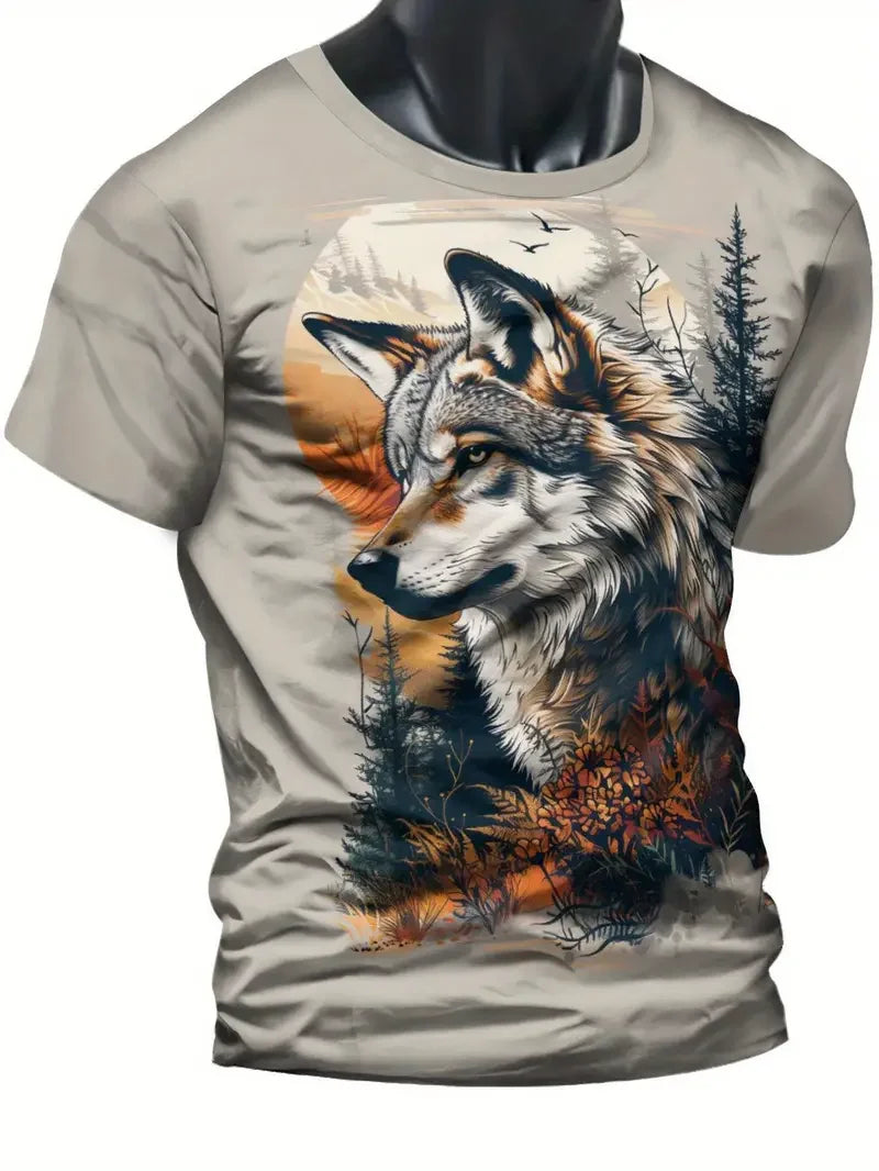 Men clothing  Animal Wolf Pattern Men's T shirt Fashion Crew Neck Short Sleeve