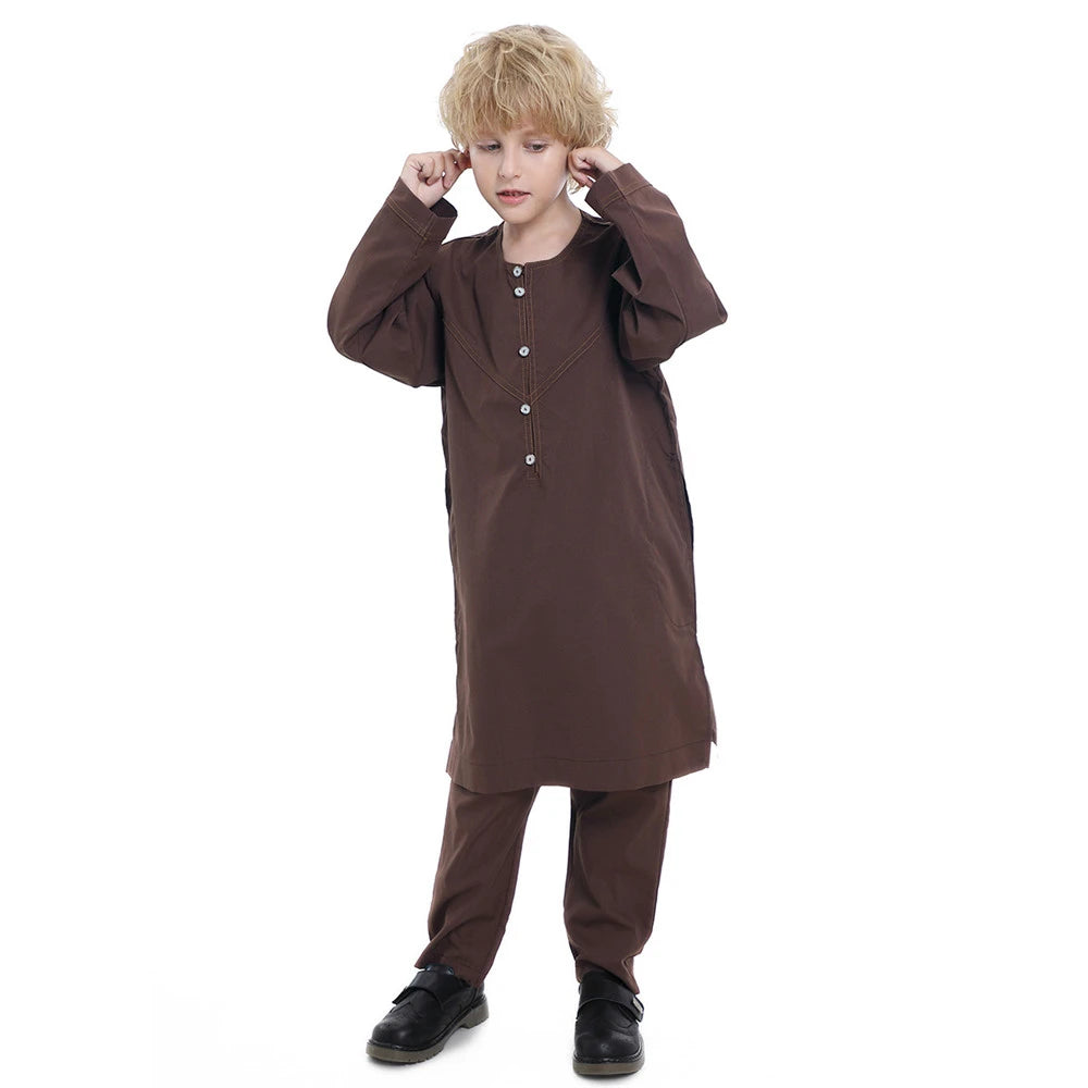 Muslim family   Muslim Boys Kids Jubba Thobe Saudi Arabic Robe 2 Piece Set Tops Pants Dubai Turkey Abaya Dress Kaftan Ramadan Djellaba Dishdasha