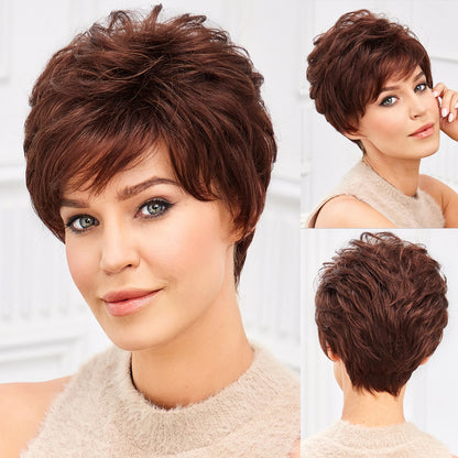 Crown & Glory Wigs Pixie Cut Short Bob Wigs with Bang Brown Blonde Layered Straight Kanekalon Synthetic Wig Human-hair Like Texture Natural Daily