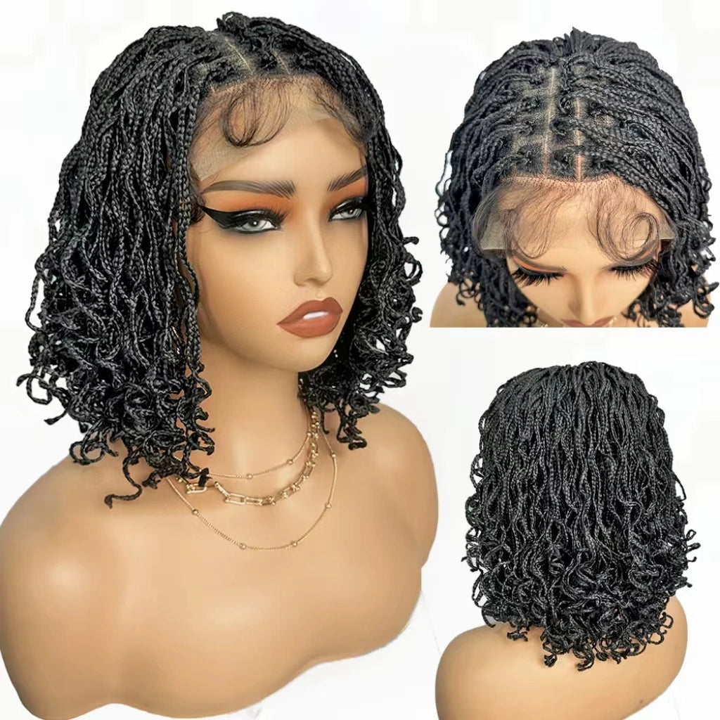 Crown & Glory Wigs Synthetic 4x4 Lace Front Braid Wig 14inch Curly Faux Locs Black Color Large Parting Space Twist Dreadlock Wigs for Black Women