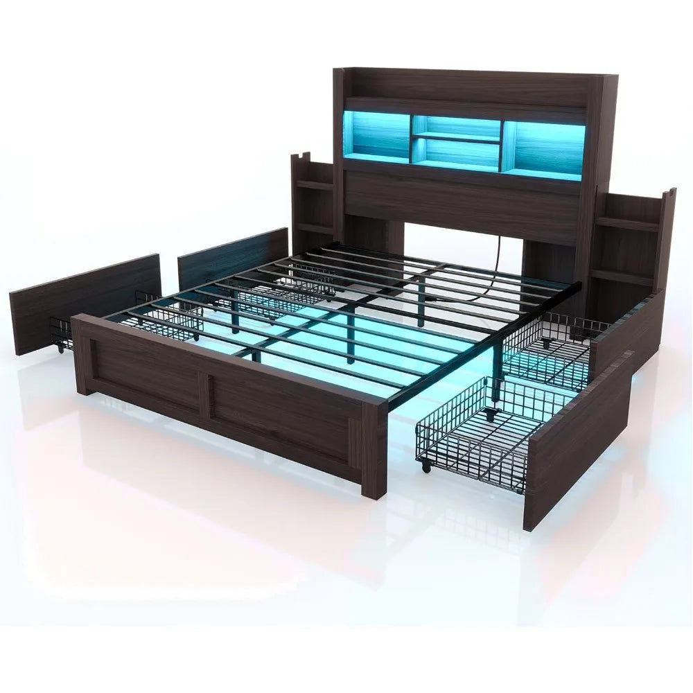 Living Room Queen Bed Frame with 49.6" Bookcase Headboard & 2 Bedside Stoage Racks & Drawers,Wood Bed Frame with RGB LED & Charging Station