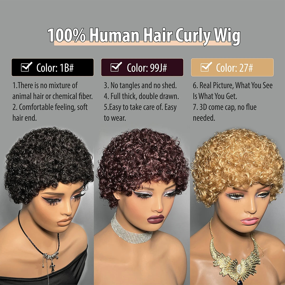 Crown & Glory Wigs Short Curly 99J Wig For Woman 100% Human Hair Wigs Full Machine Made Pixie Curl Kinky Curly Wigs