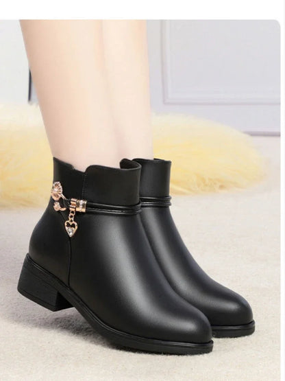 Woman shoes Women's Rhinestone Leather Boots Autumn Winter Warm Cotton Shoes Low Heel Round Head Side Zip Footwear Botas Para Mujeres