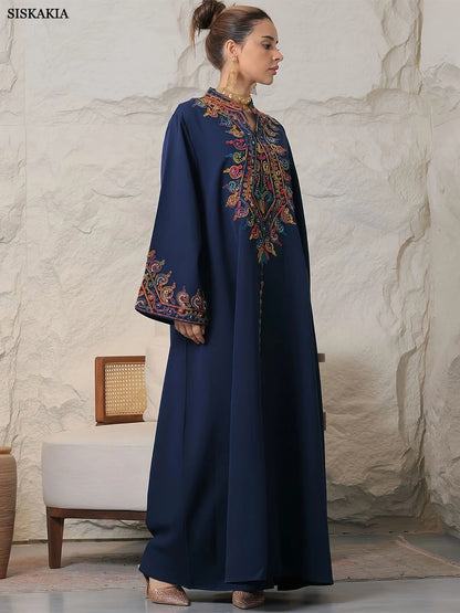 Muslim family   Siskakia Embroidery V-Neck Long Dress Dubai Arab Abaya For Muslim Woman Loose Moroccan Saudi Ethnic Jalabiya Fashion Robe 2024