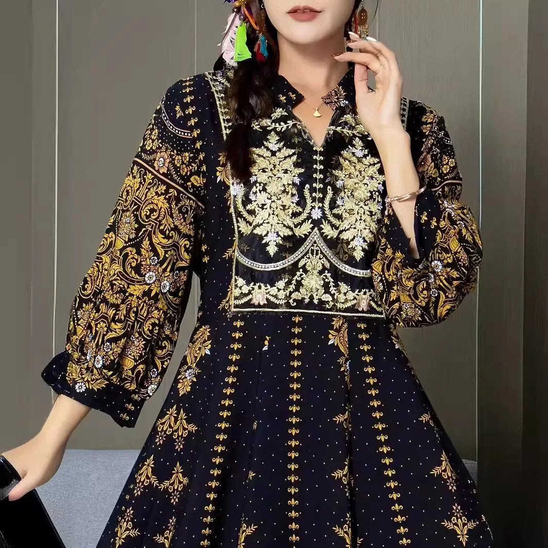 Muslim family  Niche design bohemian long dress travel color collision waist thin lantern sleeve embroidery ethnic style plus size dress women