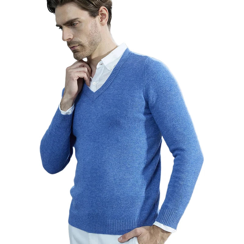 Muslim family   Cashmere Sweater Men Knitted Sweaters 100% Pure Merino Wool V-Neck Long-Sleeve Thick Pullover Winter Autumn Male Jumper Clothing