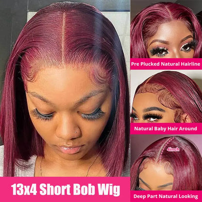 Crown & Glory Wigs  Short 99J Burg Color Bob Wig Peruvian Straight HD Lace Front Human Hair Wigs For Women Reddish Red Lace Part Wig With Baby Hair