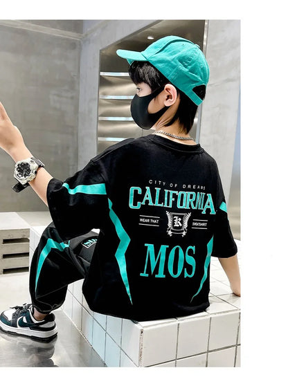 Boy  clothing   Summer Boys Cotton Alphabet Lightning T-Shirt Tops+Sweatpant School Kids 2PCS Tracksuit Child Jogger Outfit Workout Set 5-14 Yr