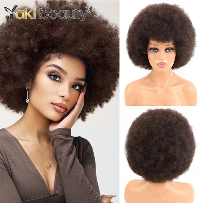 Crown & Glory Wigs Synthetic Afro Kinky Curly Wig With Bangs Big 70s Soft Afro Wig For Black Women Machine Made Cosplay Wig Natural Brown Black