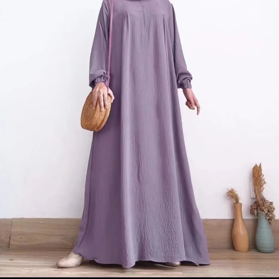 Muslim Family    Middle East Pleated Dress for Women, Muslim Fashion, Dubai, Arab Style, Elegant, Solid Round Neck, Long Sleeve, Abaya