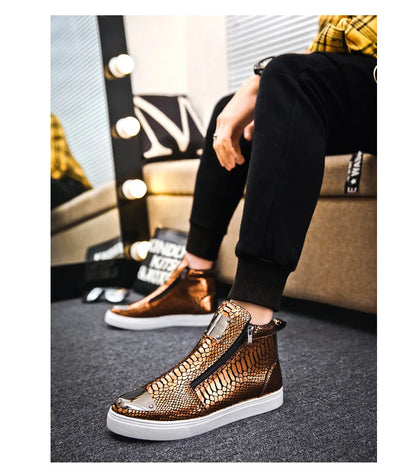 Men shoes  Hot Zipper High Top Sneakers Men Fashion Crocodile Leather Shoes For Men Luxury Golden Casual Sneakers Male Hip Hop Rock Shoes