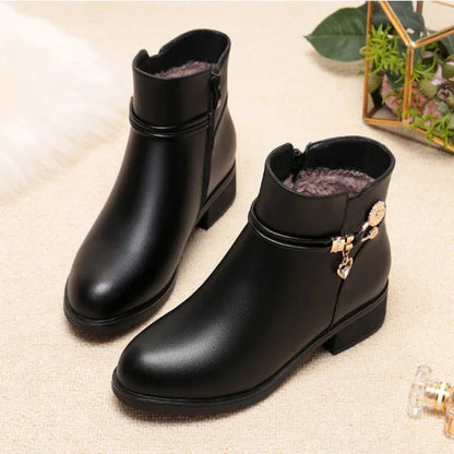 Woman shoes Women's Rhinestone Leather Boots Autumn Winter Warm Cotton Shoes Low Heel Round Head Side Zip Footwear Botas Para Mujeres