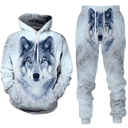 Men clothing  3D Print Hoodies Suit Man Dazzle Wolf Hip Hop Streetwear Hoodie And Pants 2pcs Sets