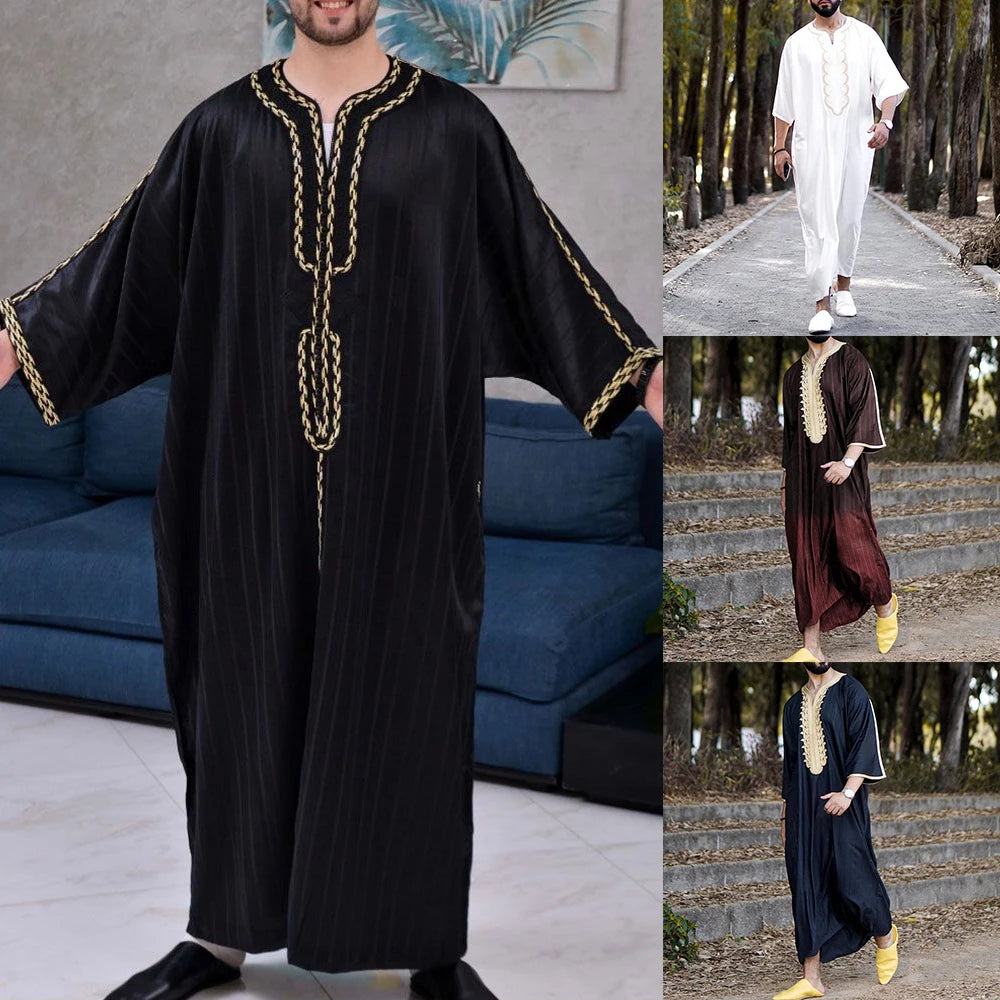 Muslim family  Stripe Jubba Kaftan Dishdash Thobe Saudi Arab Muslim Clothing Long Sleeve Maxi Robe New Caftan Dubai Robe A50