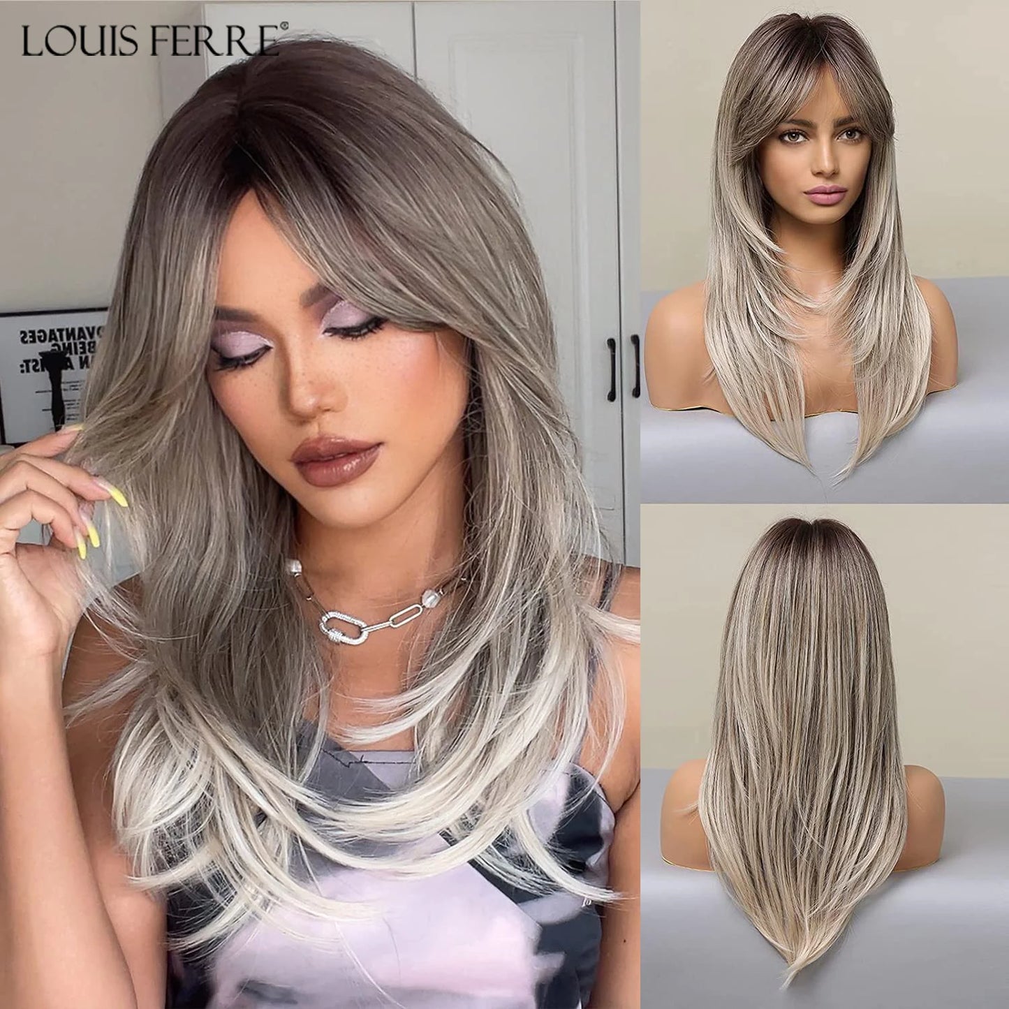 Crown & Glory Wigs  Grey White To Brown Ombre Synthetic Wigs Long Straight Layered Hair Wig For Women High Temperature Wig For Cosplay Daily Party