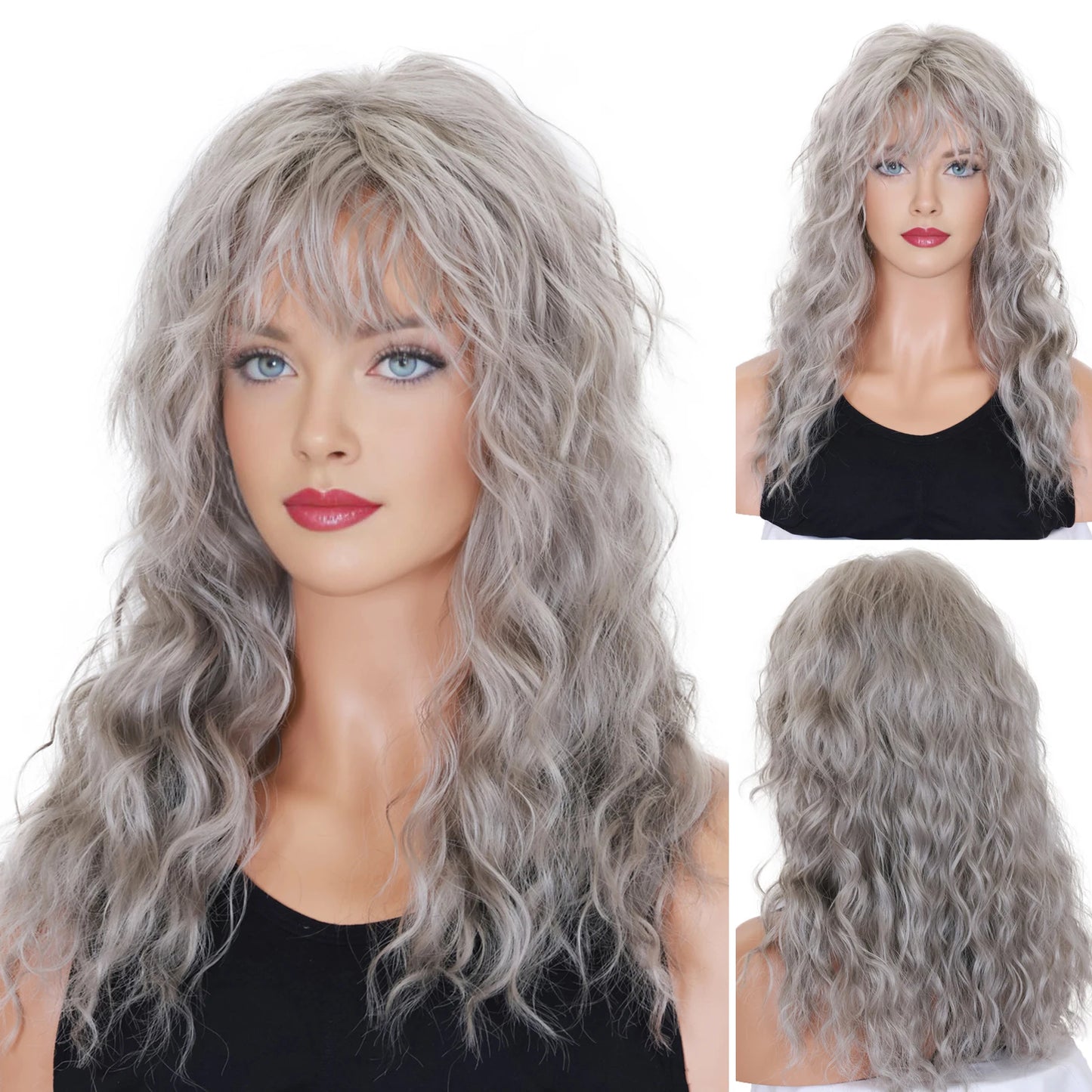 Crown & Glory Wigs   BCHR Grey Wigs with Bangs Long Curly Synthetic Wigs for Women Daily Cosplay Party Halloween Costume (Grey 20Inches)