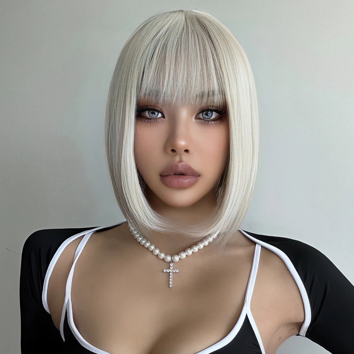 Crown & Glory Wigs   Short Straight Platinum Blonde Synthetic Wig with Bangs Cosplay Party Rice White Bob Hair Wigs for Women Heat Resistant Fibre