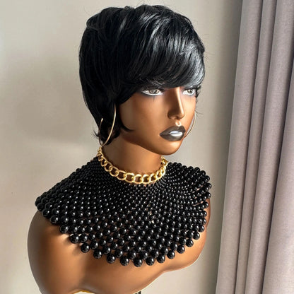 Crown & Glory Wigs  Pixie Cut 100% Full machine Human Hair Wig with Bangs for Women Short Layered Human Hair Brazilian Natural Black Hairs Cheap Wig