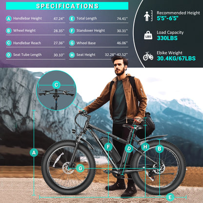 Outdoor   26" x 4.0 Fat Tire Electric Bike with 500W Motor, 48V 13Ah Removable Battery, 7 Speed, 25MPH, Cruise Control, Up to 50 Miles