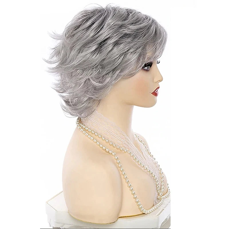 Crown & Glory Wigs HAIRJOY Women Synthetic Hair Heat Resistant Fiber  Short Curly Wigs Gray Fluffy Layered with Bangs