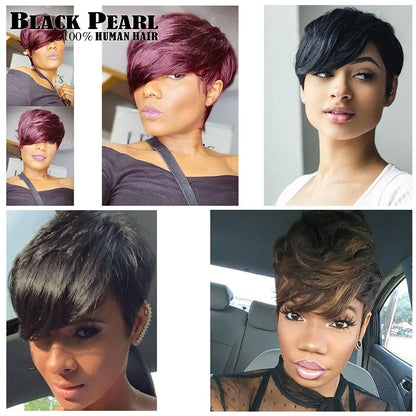 Crown & Glory Wigs  Human Hair Wigs Short Pixie Cut Wig Human Hair For Black Women Machine Made Wigs With Bangs Glueless Wig Perruque Cheveux Humain