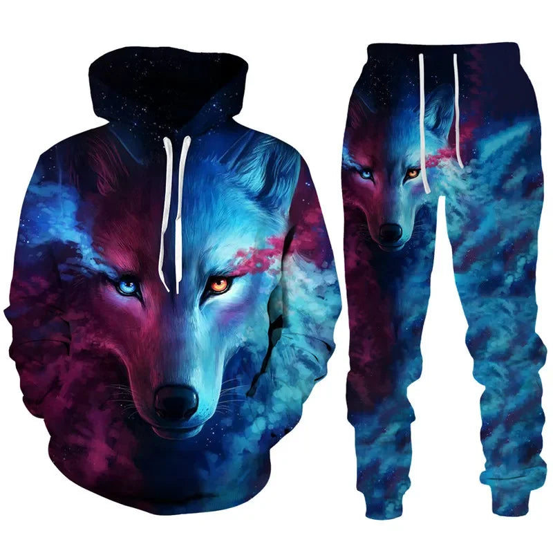 Men clothing  3D Print Hoodies Suit Man Dazzle Wolf Hip Hop Streetwear Hoodie And Pants 2pcs Sets