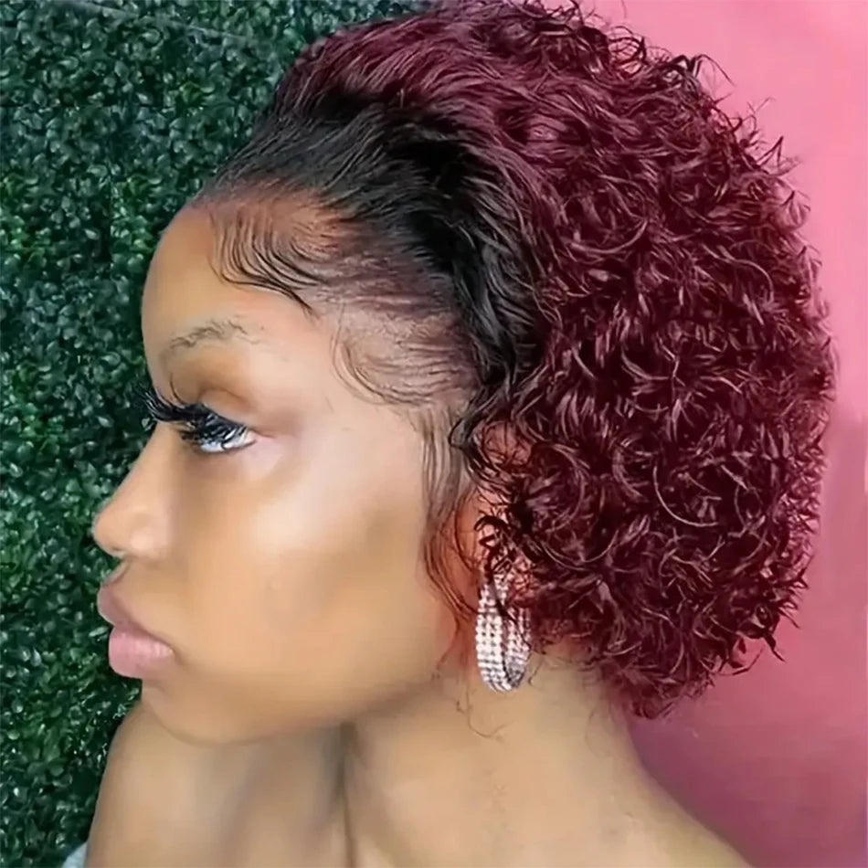 Crown & Glory Wigs  Pixie Cut Wigs Short Kinky Curly Lace Front Human Hair Wigs 13x2 Transparent Lace Frontal Wigs 1B/99 Ombre Water Wave Bob Wig