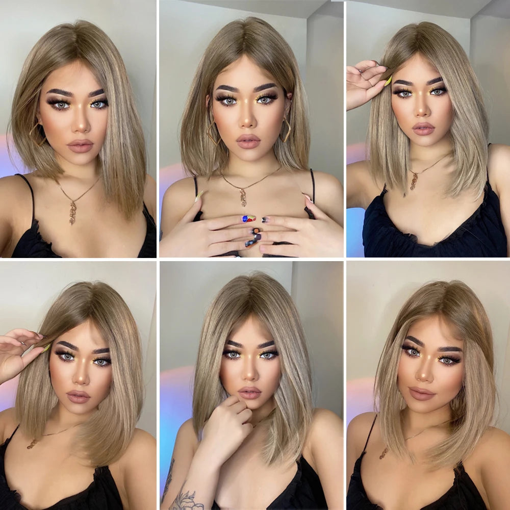 Crown & Glory Wigs   Brown Blonde Lace Front Wigs Short Straight Bob Synthetic Lace Frontal Wig with Baby Hair for Women Blunt Cut Natural Daily Hair