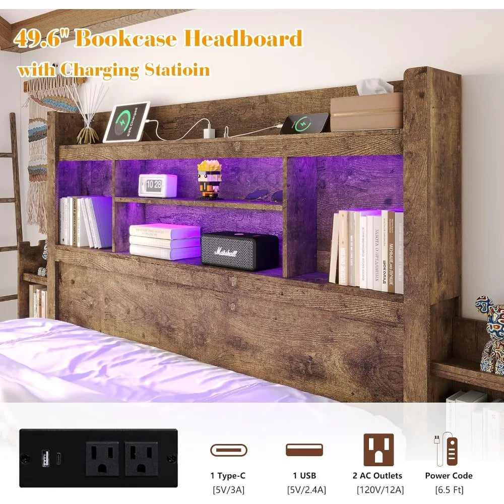 Living Room Queen Bed Frame with 49.6" Bookcase Headboard & 2 Bedside Stoage Racks & Drawers,Wood Bed Frame with RGB LED & Charging Station