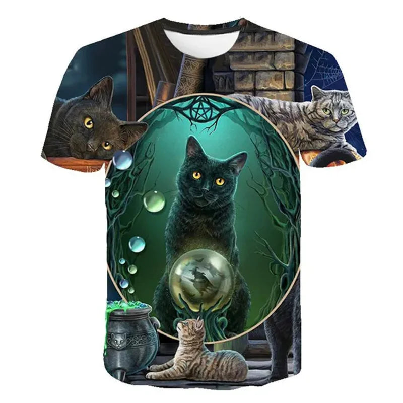 Woman clothing  3D Printed Mysterious Cat T-Shirt For Women Men Cute Animal Graphic T Shirts Summer Fashion Loose Tees Short Sleeves O-Neck Tops