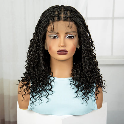 Crown & Glory Wigs  Full Lace Braided Lace Wigs Synthetic Knotless Box Braided Lace Wig with Curly Ends for Black Women Kinky Curly Braided Bob Wig