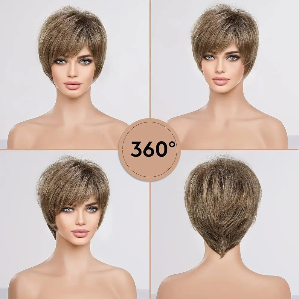 Crown & Glory Wigs  Pixie Cut Short Bob Wigs with Bang Brown Layered Straight Kanekalon Synthetic Wig Human-hair Like Texture Natural Daily Use Hair