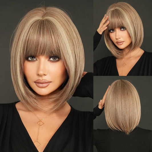 Crown & Glory Wigs NAMM Straight Light Brown Bob Wigs for Women Party Use With Neat Bangs Highlight Blonde High Density Synthetic Wig