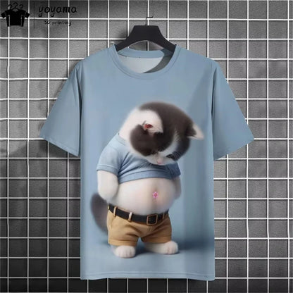 Men clothing  Funny Fat Cat Graphic T shirts Short Sleeve