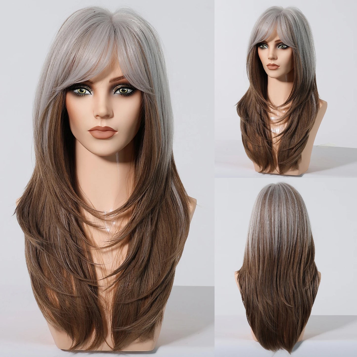 Crown & Glory WigsHENRY MARGU Grey Layered Synthetic Natural Wig Medium Length Straight Wig with Bangs for Women Daily Party Wigs Heat Resistant